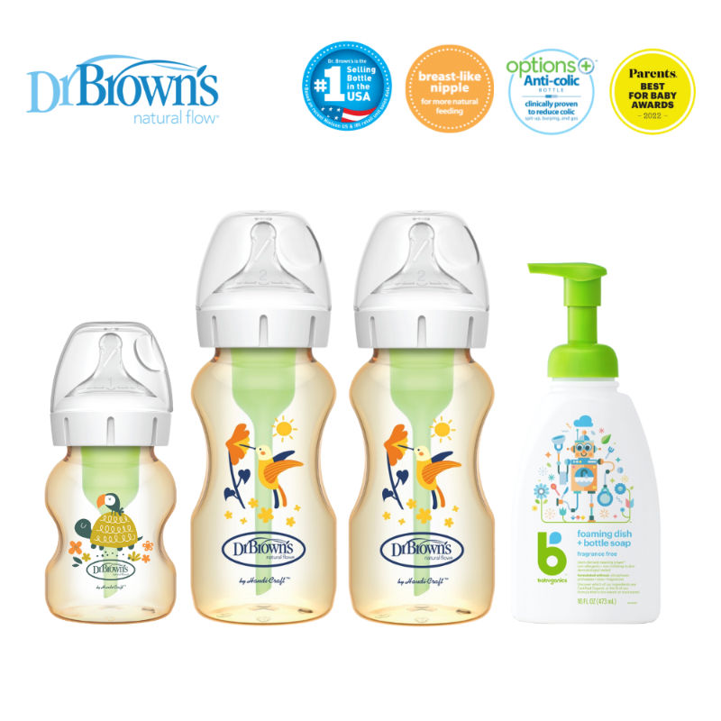 Dr Brown's Options+ Anti-Colic PPSU Bottles 2+1 + babyganics Dish & Bottle Soap Fragrance Free 473ml COMBO SET