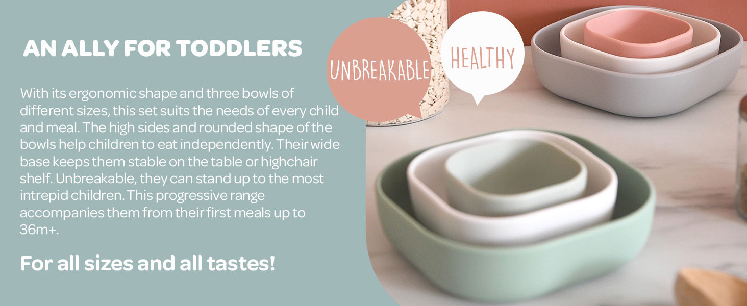 Beaba Silicone Stackable Bowls - Set of 3 - Sage Green / Cotton / Misty Green