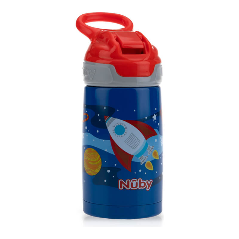 Nuby Thirsty Kids Printed Stainless Steel 10oz / 300ml No Spill Flip-It Reflex Push Button Soft Spout On the Go Cup - Rocket