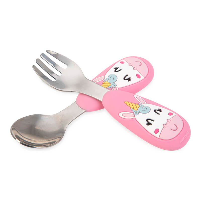 Nuby Stainless Steel Fork & Spoon with 3D Silicone Drop Handles - Pink Unicorn