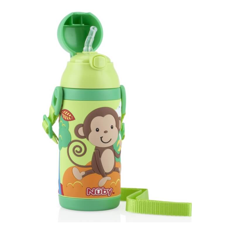 Nuby 1pk 385ml Twin Handle 3D Printed Stainless Steel Cup with Exchangeable Strap - Green
