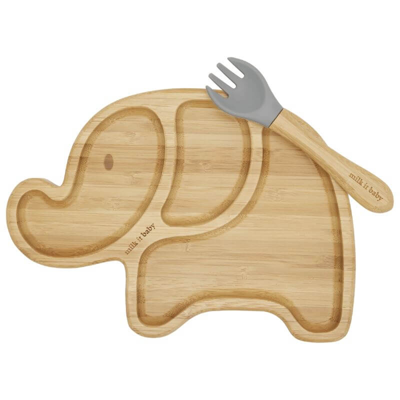 Milk It Baby Bamboo Elephant Suction Plate & Fork Set - Berry Blue
