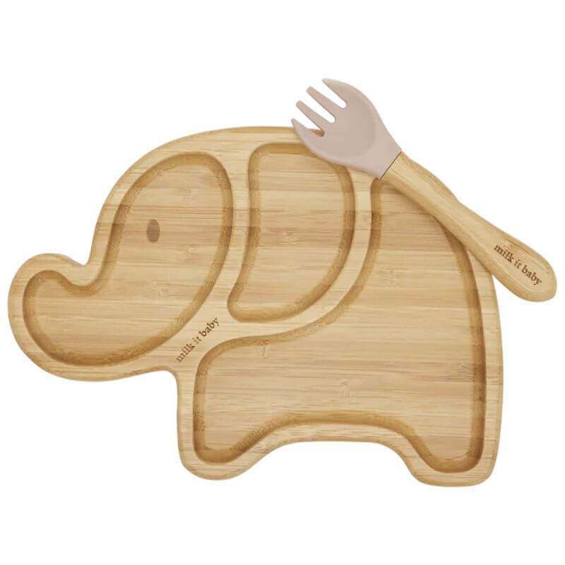 Milk It Baby Bamboo Elephant Suction Plate & Fork Set - Dusty Pink