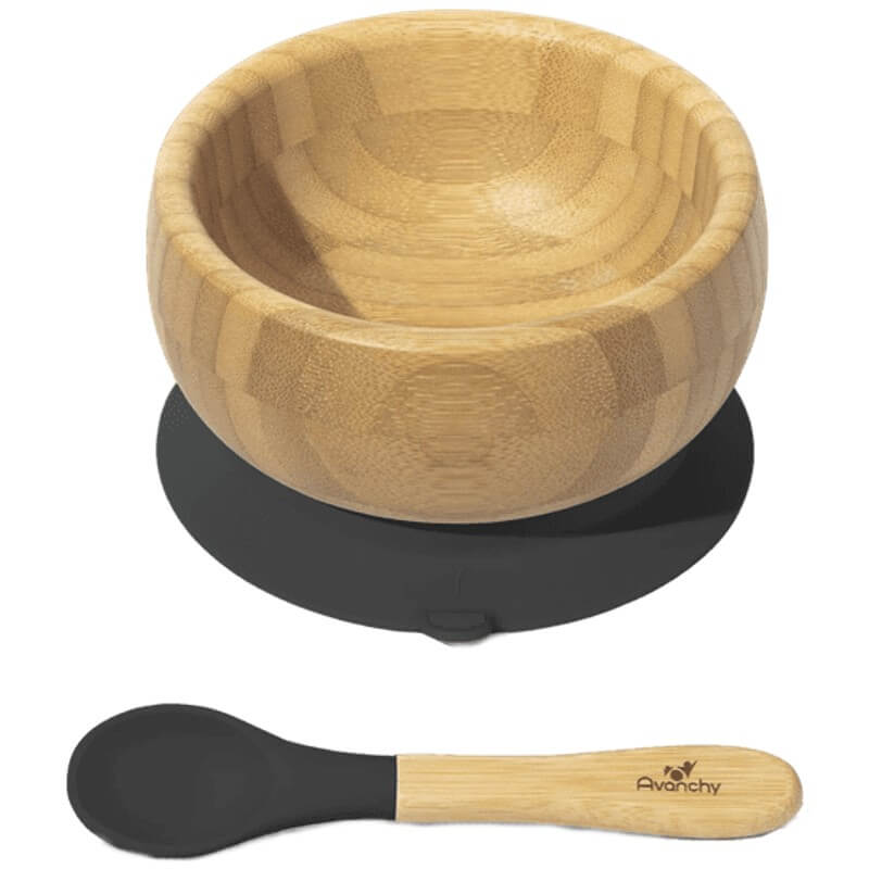 Avanchy Bamboo Suction Baby Bowl + Spoon - Black