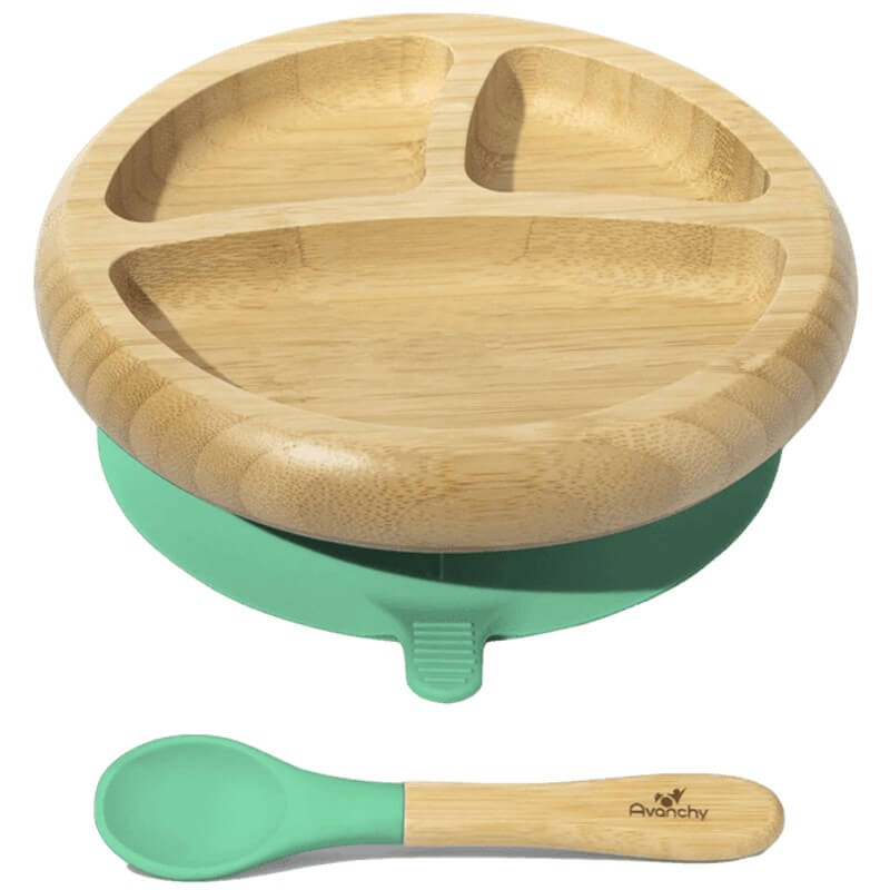 Avanchy Bamboo Suction Baby Plate + Spoon - Green