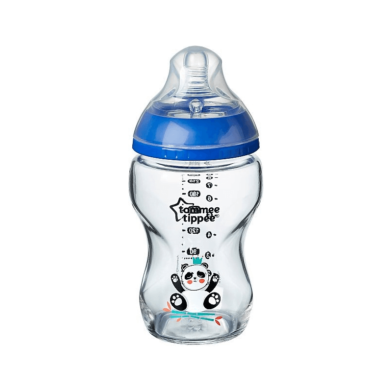 Tommee Tippee Closer to Nature Glass Decorated Bottle with Anti-Colic Valve 250ml - Blue