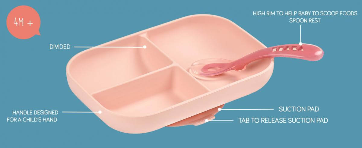 Beaba Divided Silicone Plate and Spoon Set - Pink