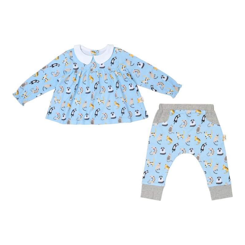 Cotton Pigs Funny Cats Teatime Blouse and Pants Set - 3-6 months