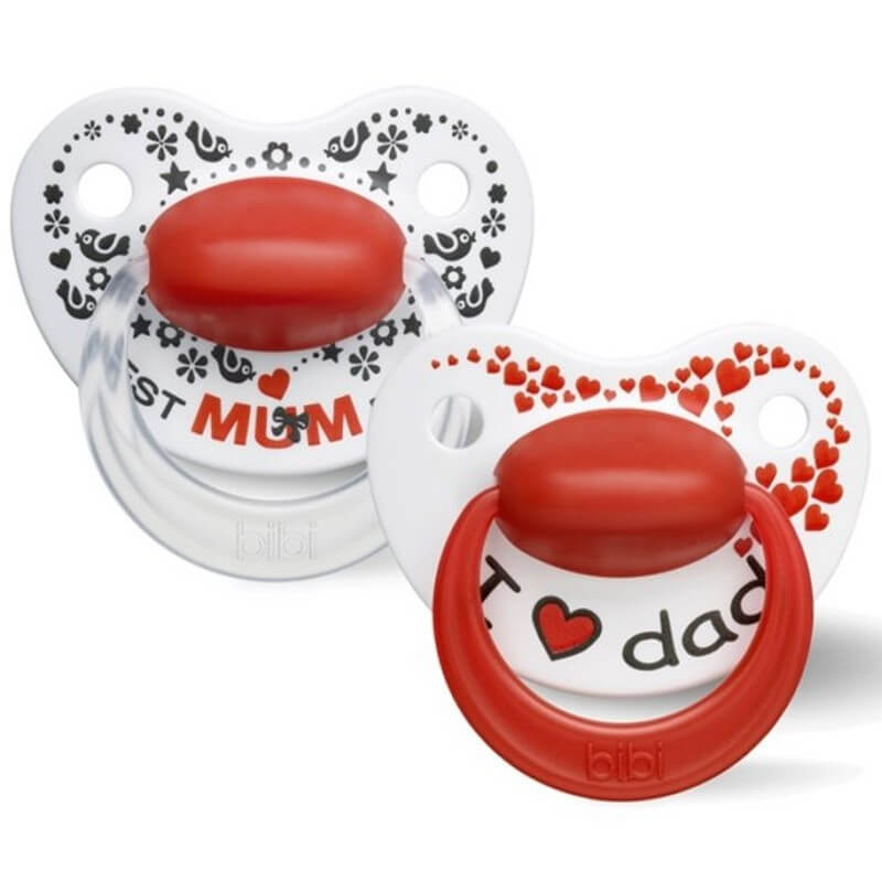 bibi® Happiness Asymmetrical Silicone Soother - I Love Dad / Best Mum Ever - 0-6m (2-Pack)