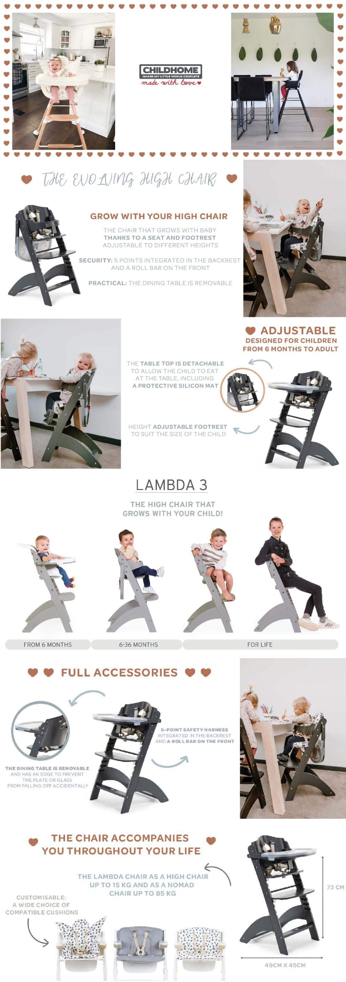 Childhome Lambda  3 可調式兒童學習高腳餐椅 / 成長椅 (連餐盤及安全帶)