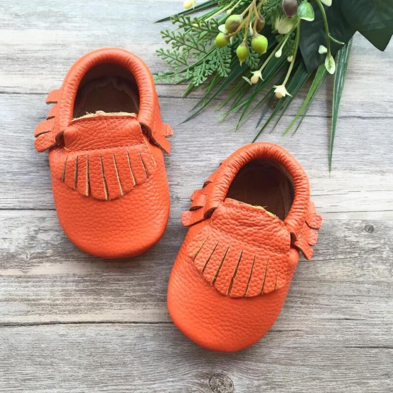 Little Caleb Moccasins - Classic Electric Coral Leather Moccasins - 12-18 mos