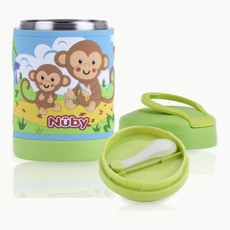 Nuby Stainless Steel 3D Food Jar with Silicone Spoon 430ml - Green Monkey