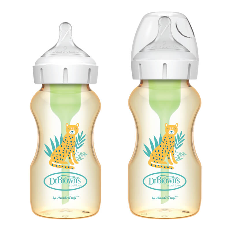 Dr Brown's Options+ Anti-Colic Wide-Neck PPSU Bottle 270ml - Cheetah Deco - Twin Pack