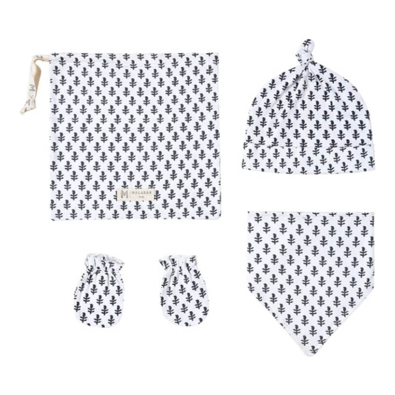 Malabar Baby Organic Cotton Bandana Bib, Mitten, Hat Set - Fort Blue