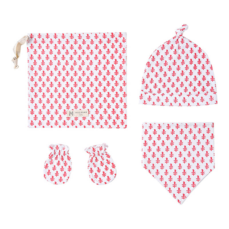 Malabar Baby Organic Cotton Bandana Bib, Mitten, Hat Set - Pink City