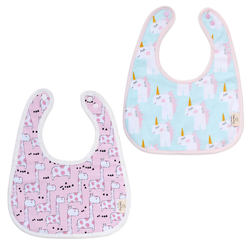 Cotton Pigs Organic Reversible Bib Set - Unicorns/Giraffes