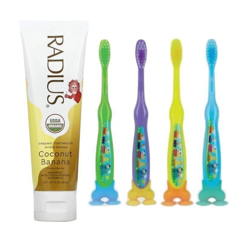 Radius Organic Toothpaste for Kids - Coconut Banana 85g + Parents League Soft ToothBrush with Suction Stand 2s - Blue & Green