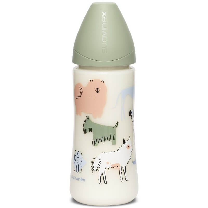 Suavinex Round PP Bottle 360ml with Round Latex Teat - Dense Flow 4m+ - Green Dog