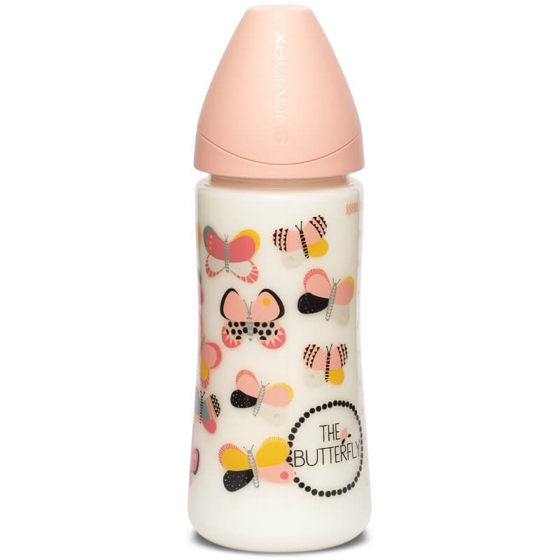 Suavinex Round PP Bottle 360ml with Round Latex Teat - Dense Flow 4m+ - Peach Butterfly