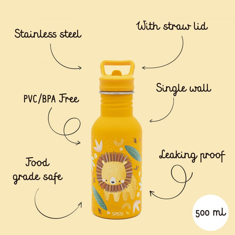 Sassi Stainless Steel Drink Bottle 500ml - Chompy The Lion