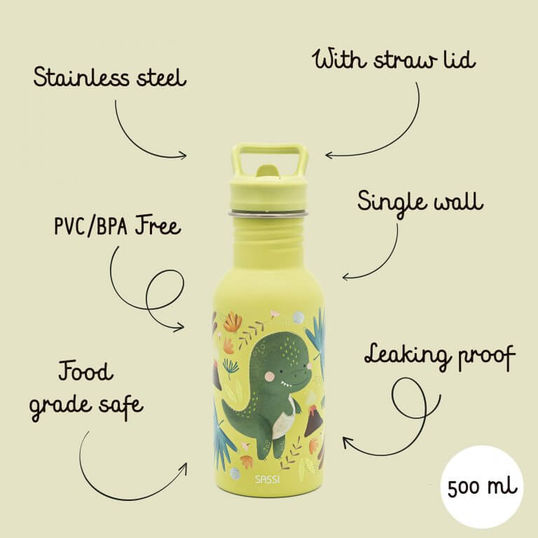 Sassi Stainless Steel Drink Bottle 500ml - Cracky the Dinosaur