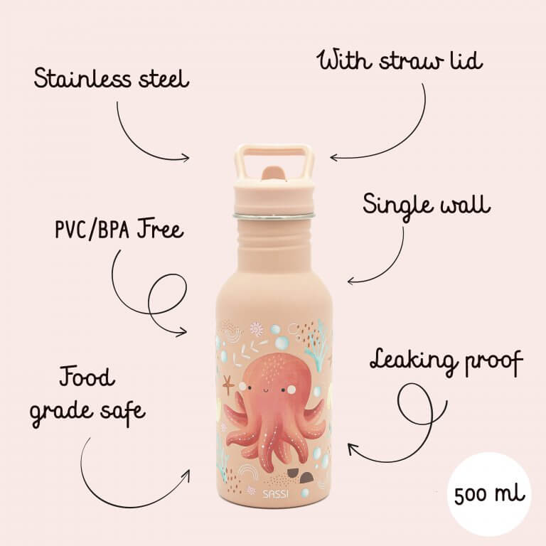 Sassi Stainless Steel Drink Bottle 500ml - Slurpy The Octopus