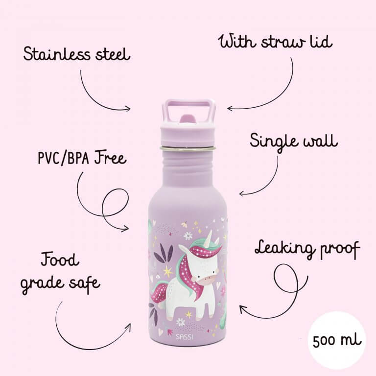Sassi Stainless Steel Drink Bottle 500ml - Sparkly The Unicorn