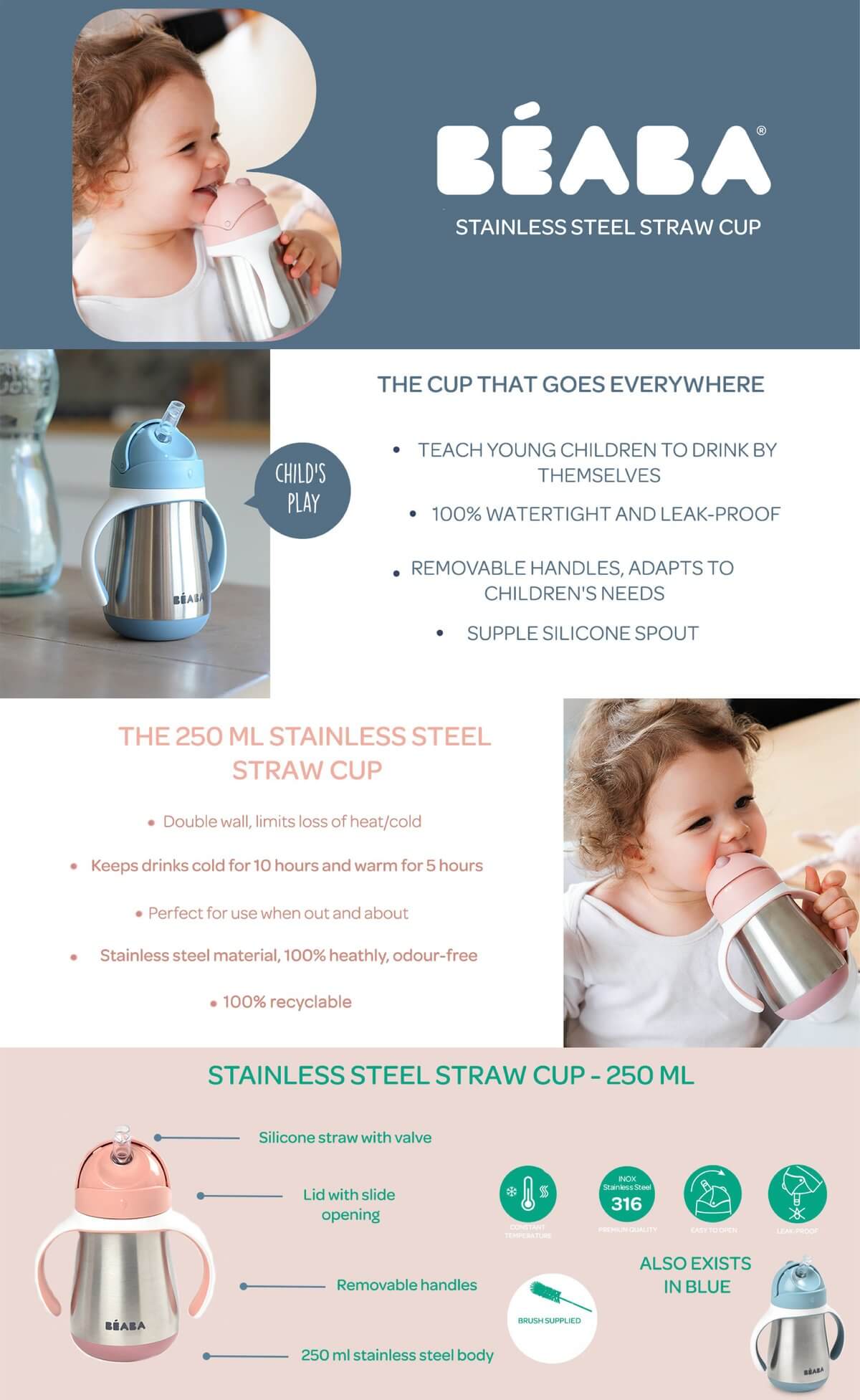 Beaba Stainless Steel Straw Cup 250ml - Vintage Pink