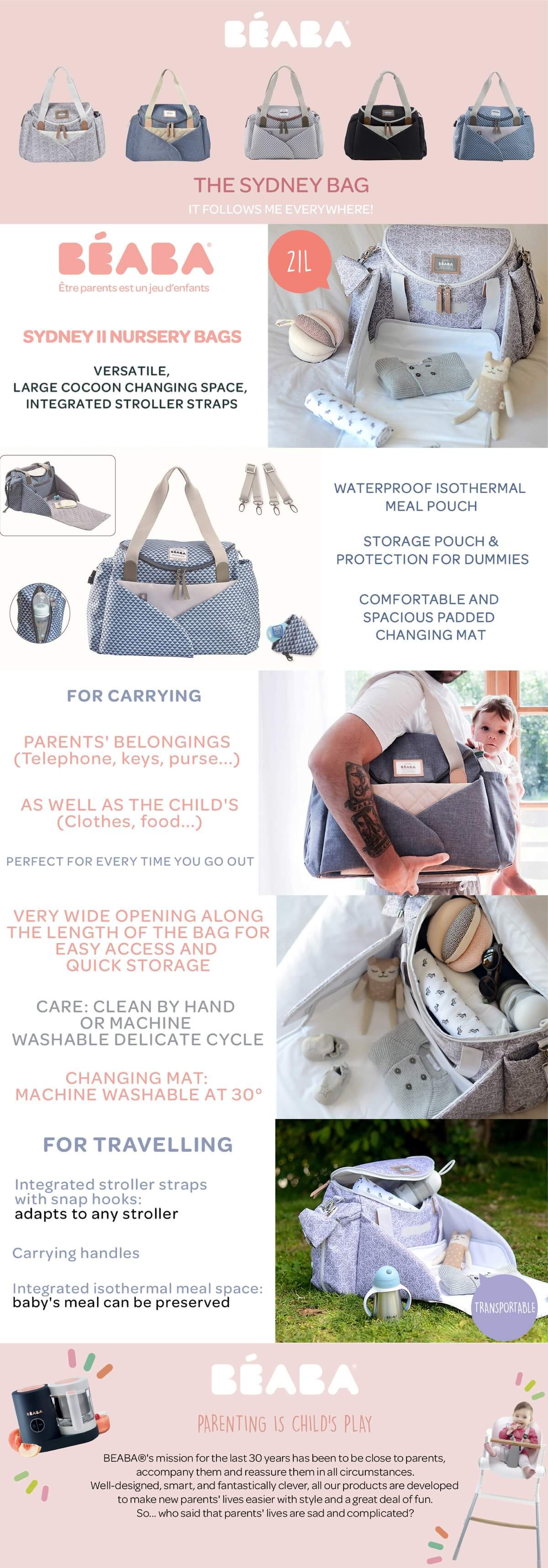 Beaba Sydney II Changing Bag - Play Print, Grey / Coral