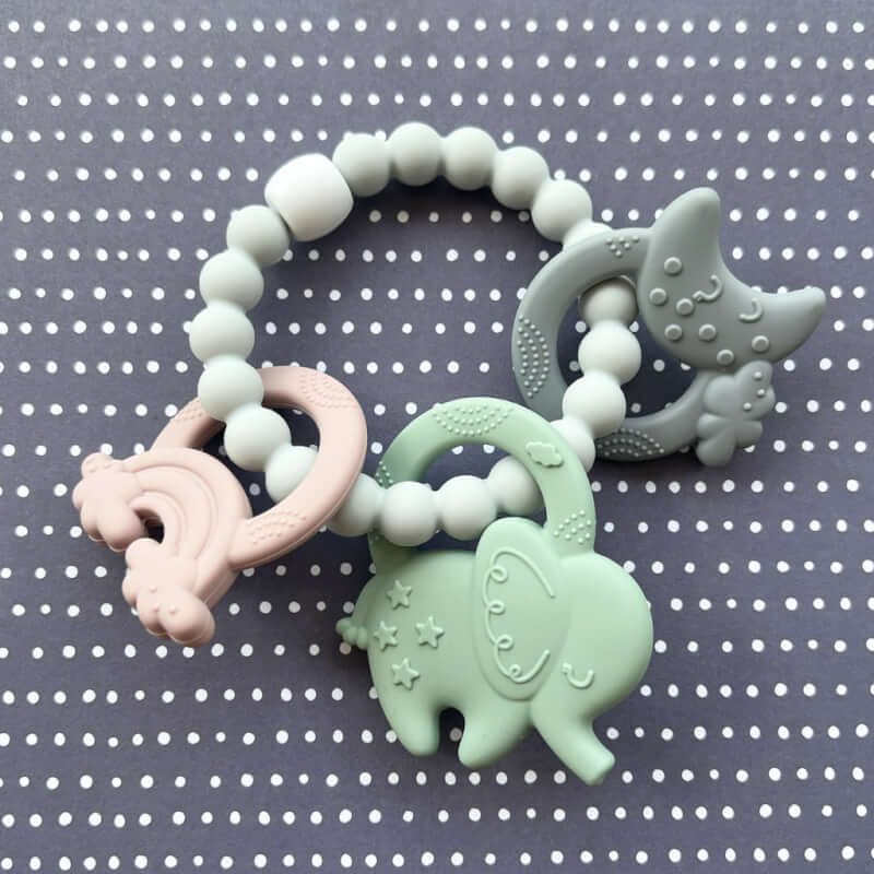 Little Caleb Teething Rattle - Elephant, Rainbow, Moon