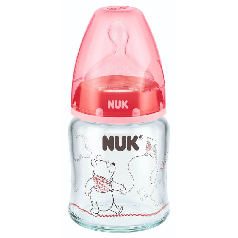 NUK Winnie the Pooh Premium Choice Glass Bottle 120ml with Silicone Teat Size 1M - Red