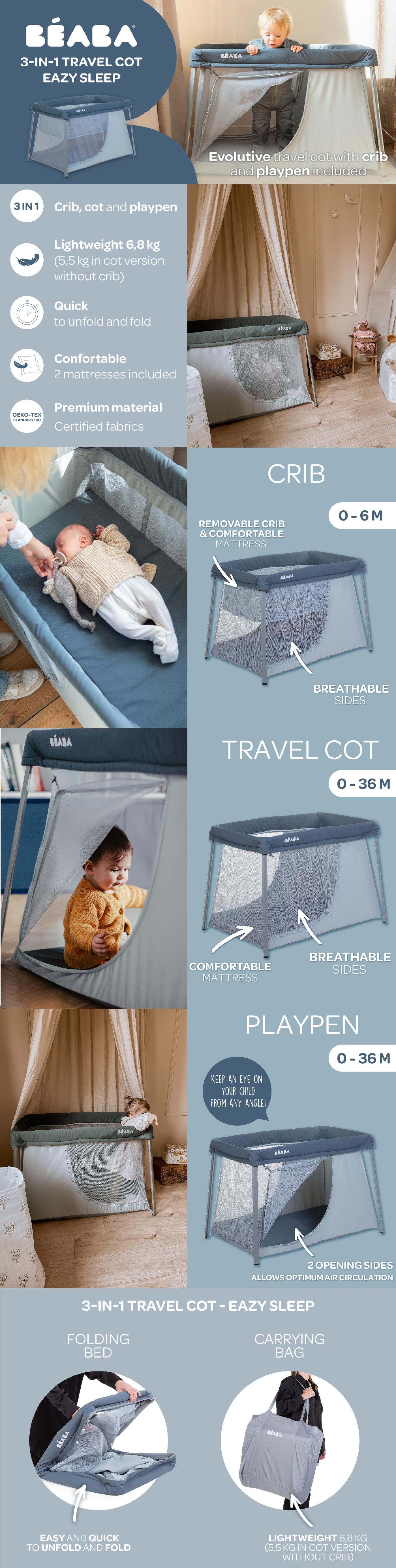 Beaba 3-in-1 - Easy Sleep Travel Cot, Bed & Playground