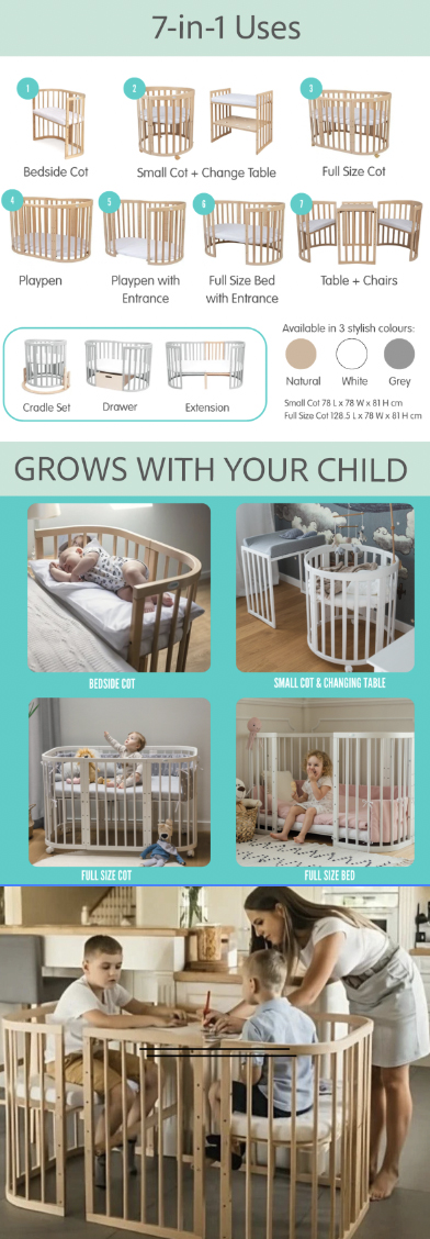 Waldin Oval Baby 7-in-1 Side Bed, Cot, Bed & Playpen (with Mattress)
