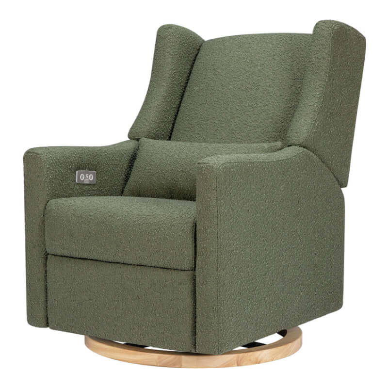 Babyletto Kiwi Electronic Recliner Swivel Glider w USB Port Olive Boucle with Light Wood Base Baby NZ