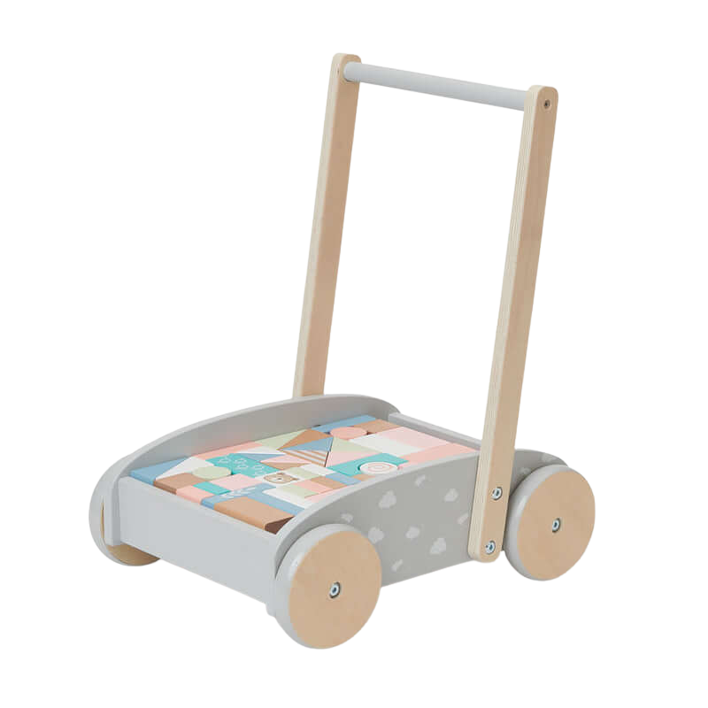 Wooden Baby Push Cart & Walker with 46 Building Blocks